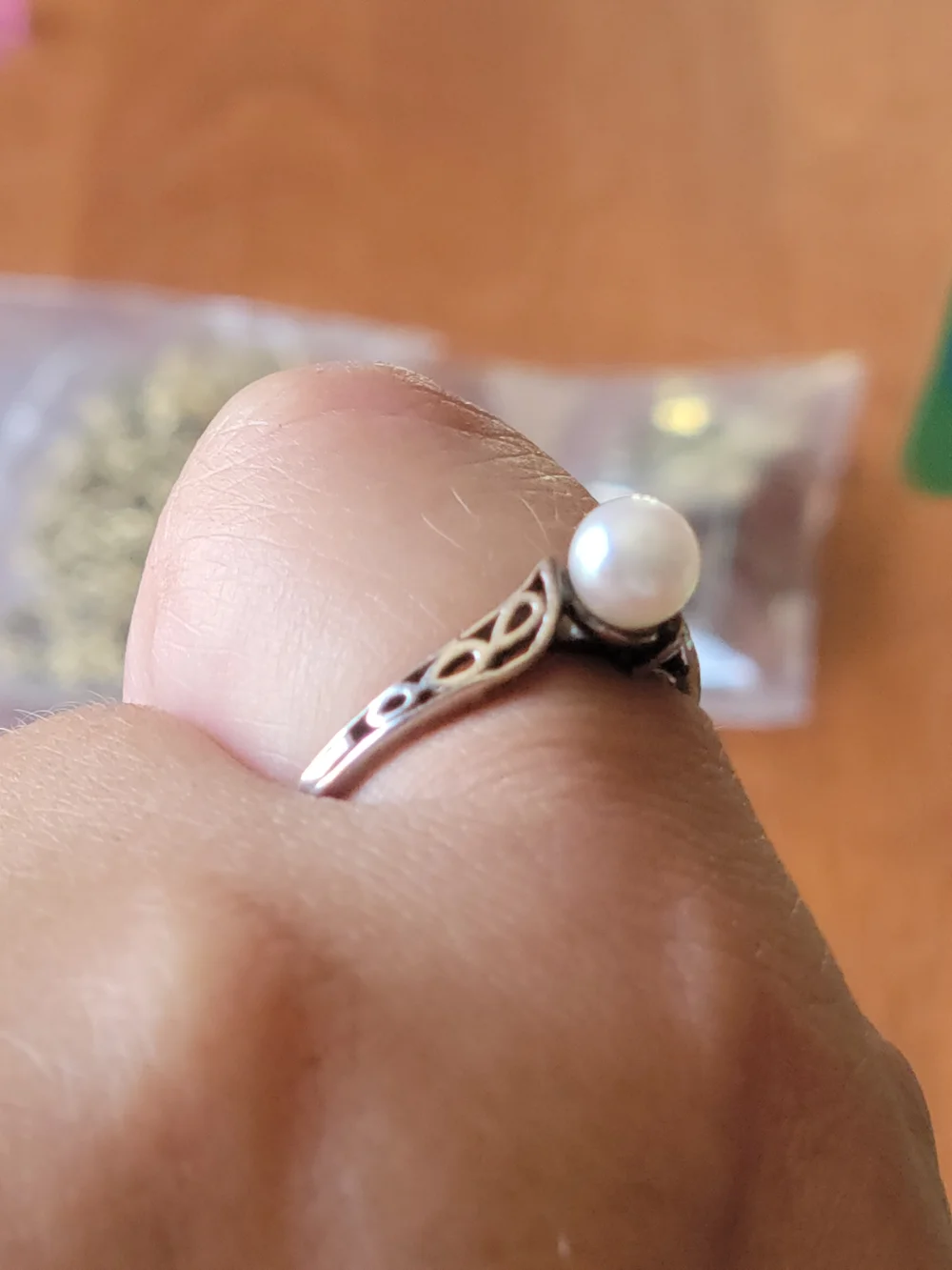Sterling Silver Pearl Ring with Filigree Band - White Pearl